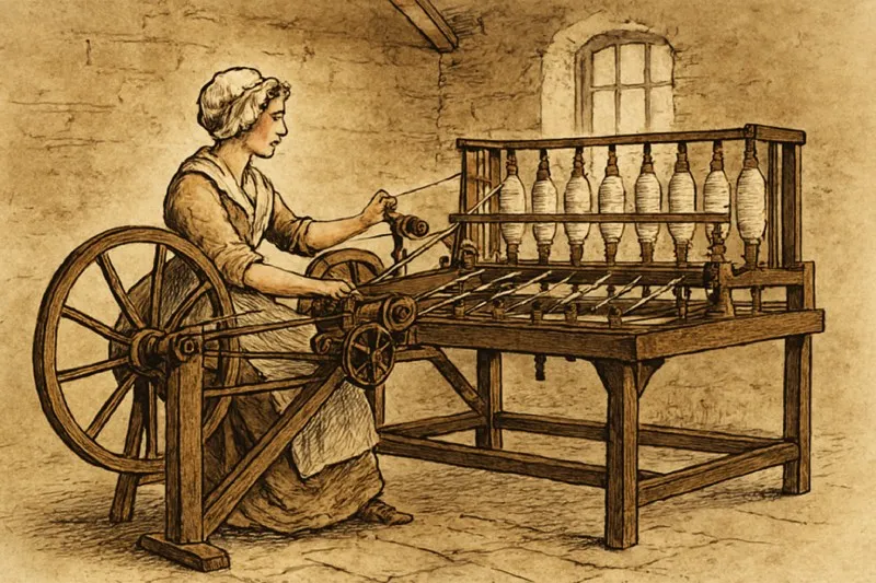 Spinning Jenny: A multi-spindle spinning frame invented by James Hargreaves, increasing yarn production