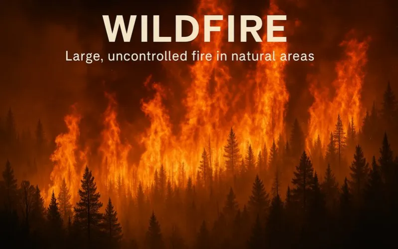 Wildfire: Large, uncontrolled fire in natural areas