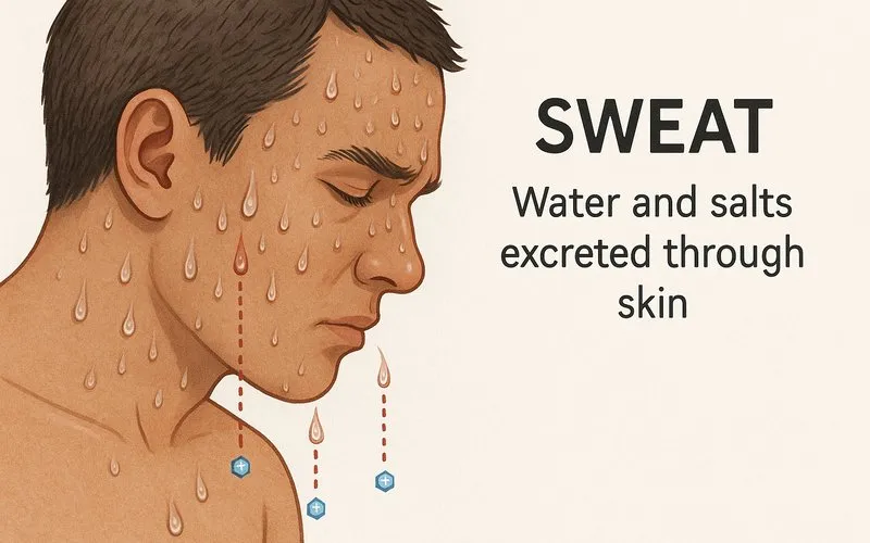 Sweat: Water and salts excreted through skin
