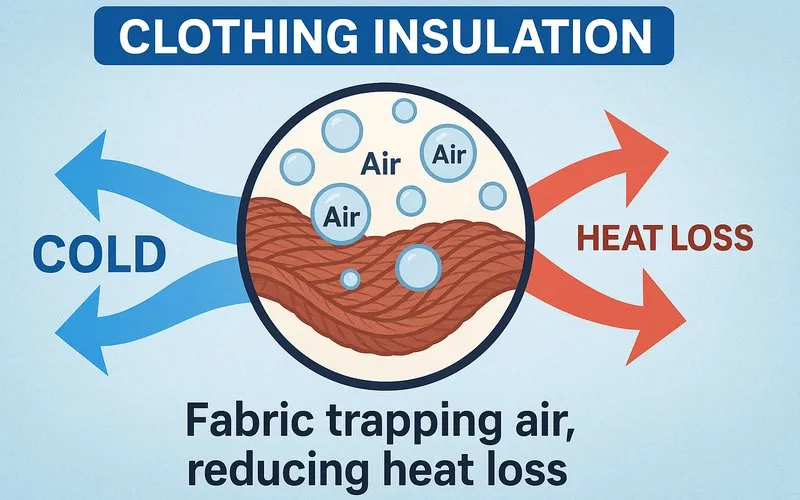 Clothing insulation: Fabric trapping air, reducing heat loss