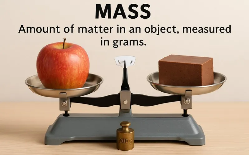 Mass: Amount of matter in an object, measured in grams