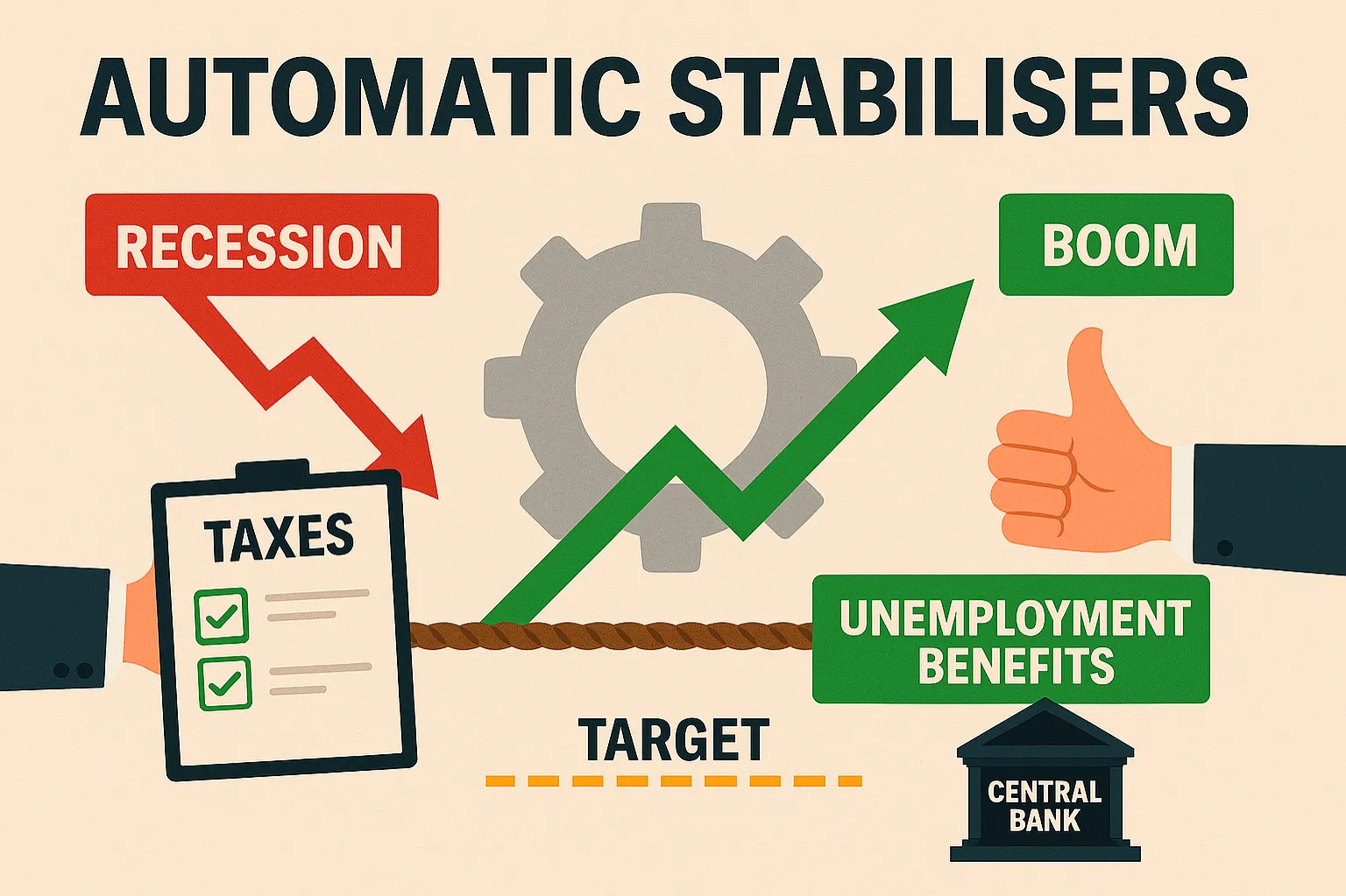 Automatic stabilisers: Features of the fiscal system that reduce economic fluctuations without direct government action.