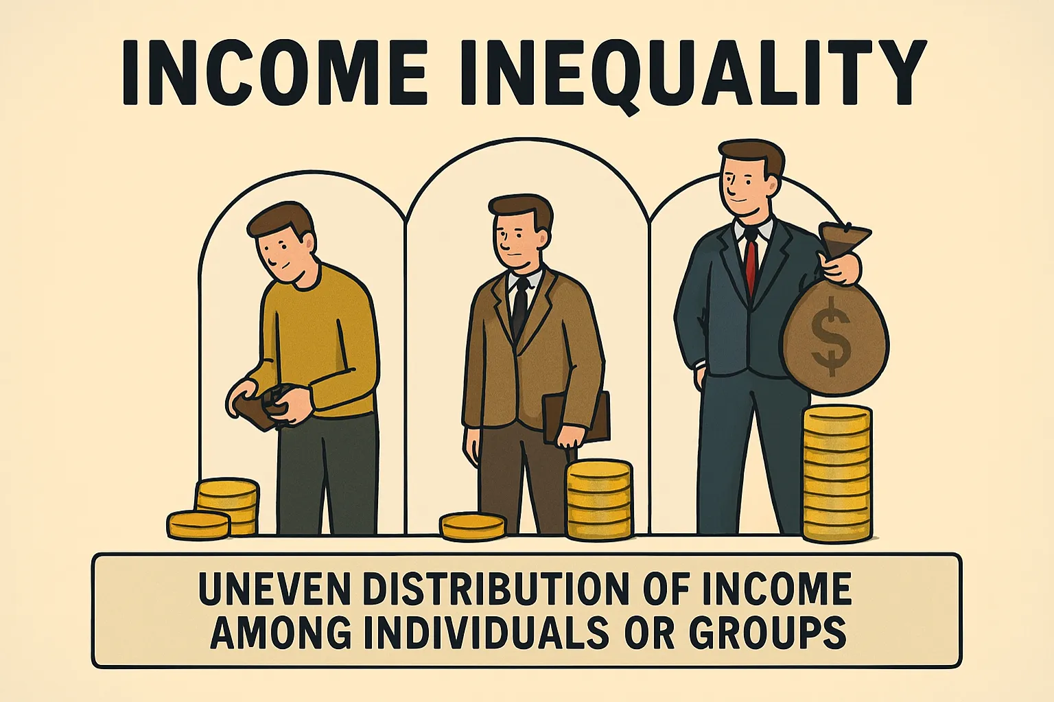 Income inequality: uneven distribution of income among individuals or groups