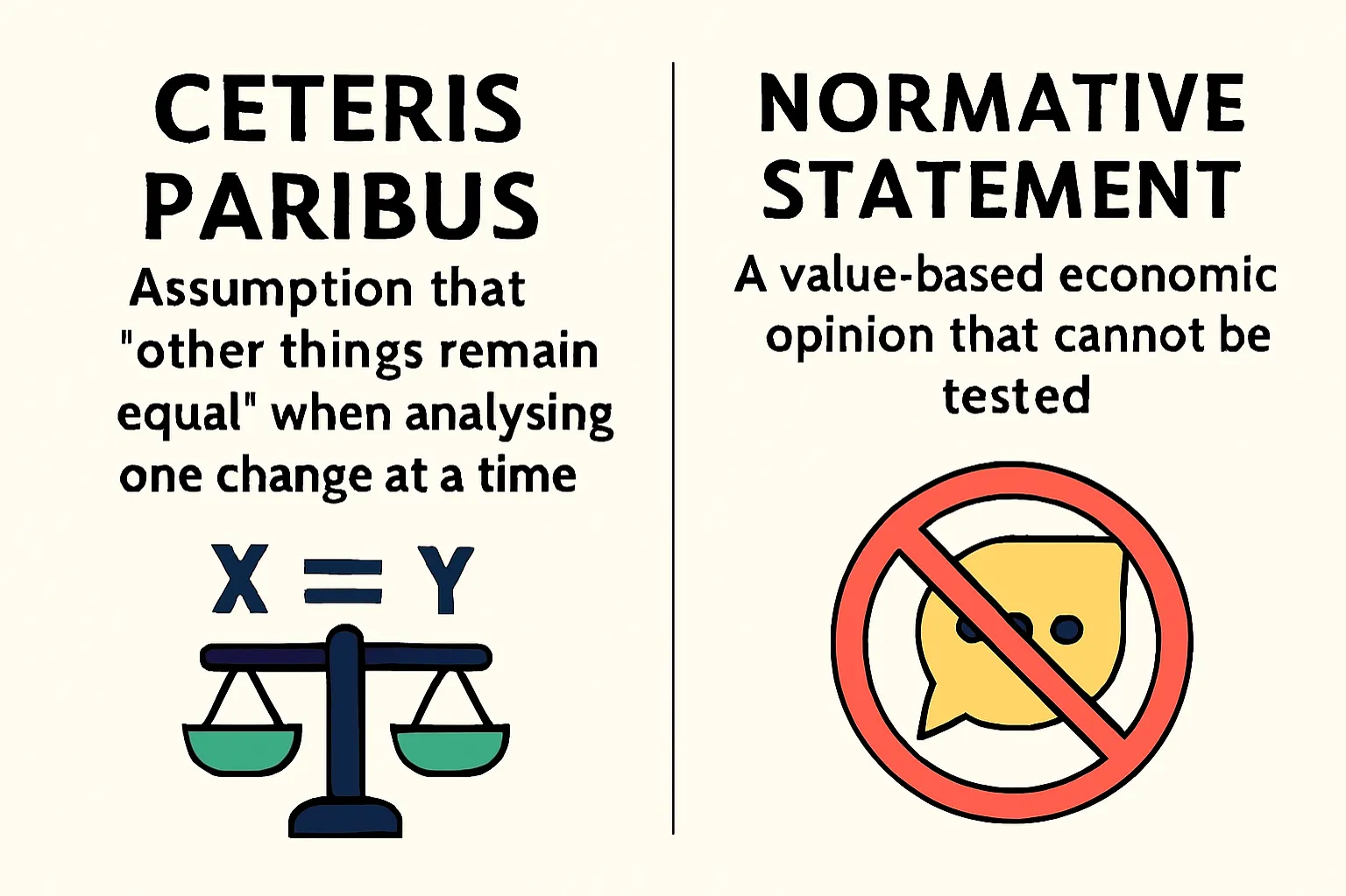 Ceteris paribus: assumption that “other things remain equal” when analysing one change at a time