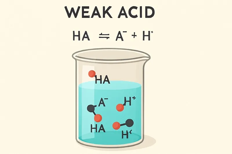 Weak Acid: An acid that only partially dissociates into its ions in aqueous solution, establishing an equilibrium