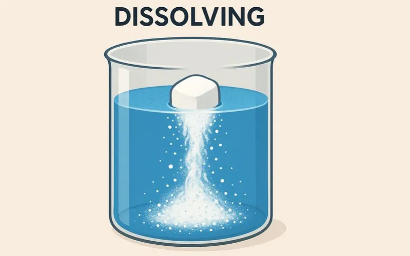 Dissolving: Process where a substance mixes into a liquid