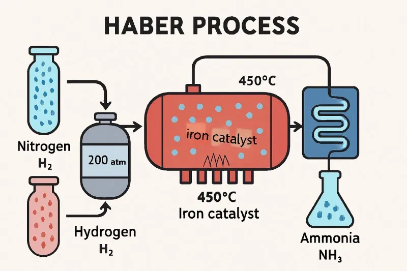 Haber process: Produces ammonia from N₂ + H₂