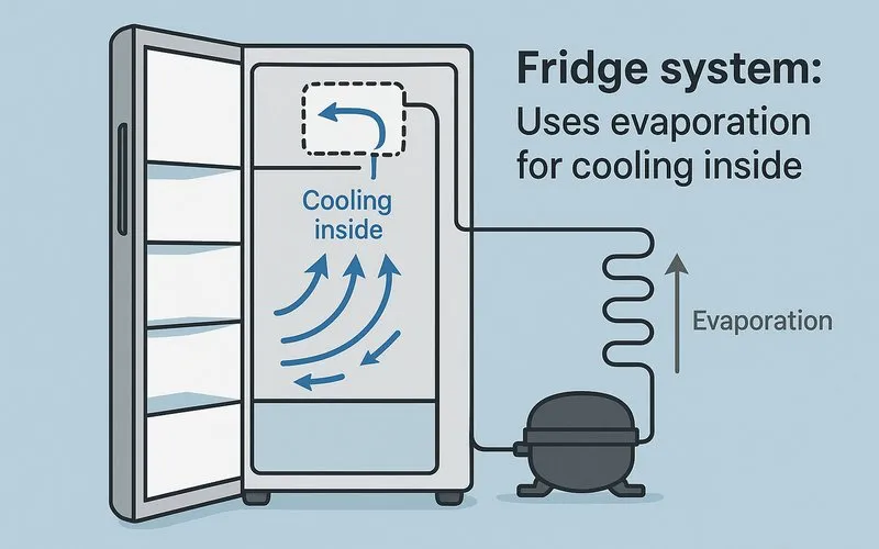 Fridge system: Uses evaporation for cooling inside