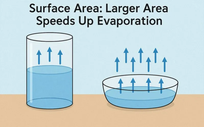 Surface area: Larger area speeds up evaporation