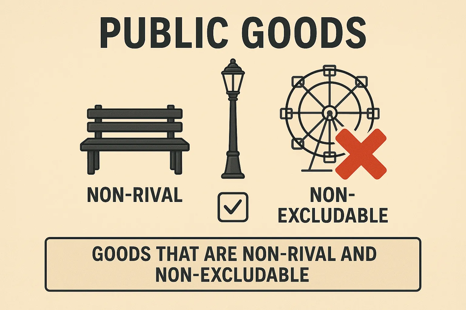 Public goods: goods that are non-rival and non-excludable