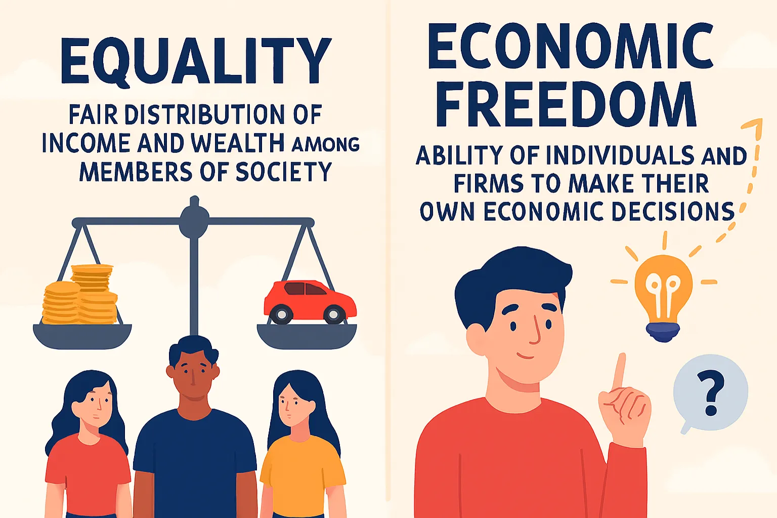 Equality / Social equality: fair distribution of income and wealth among members of society