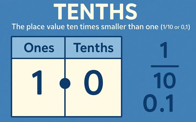 Tenths: The place value ten times smaller than one (1/10 or 0.1)