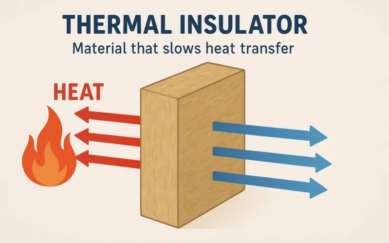 Thermal insulator: Material that slows heat transfer