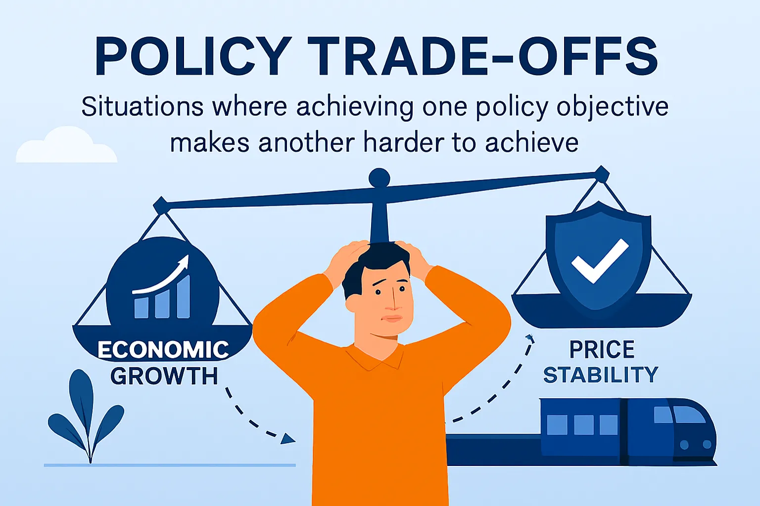 Policy trade-offs: Situations where achieving one policy objective makes another harder to achieve.