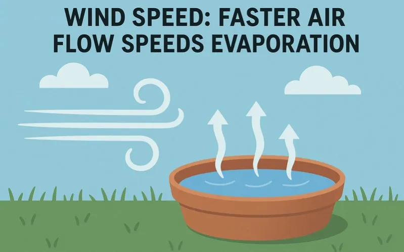 Wind speed: Faster air flow speeds evaporation