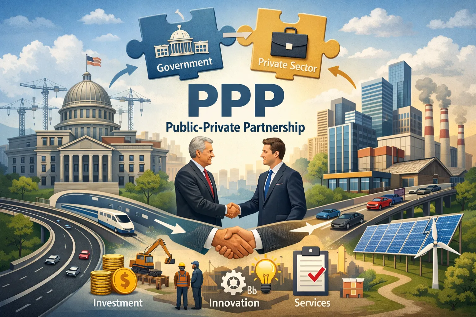 Public-private partnership (PPP): A cooperative arrangement between government and private firms.