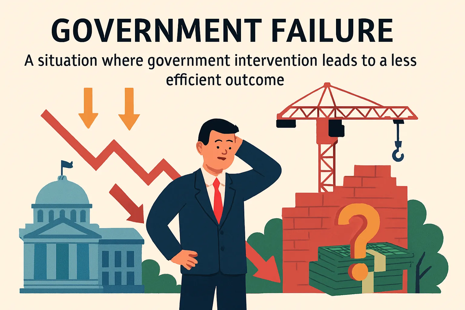 Government failure: A situation where government intervention leads to a less efficient outcome.
