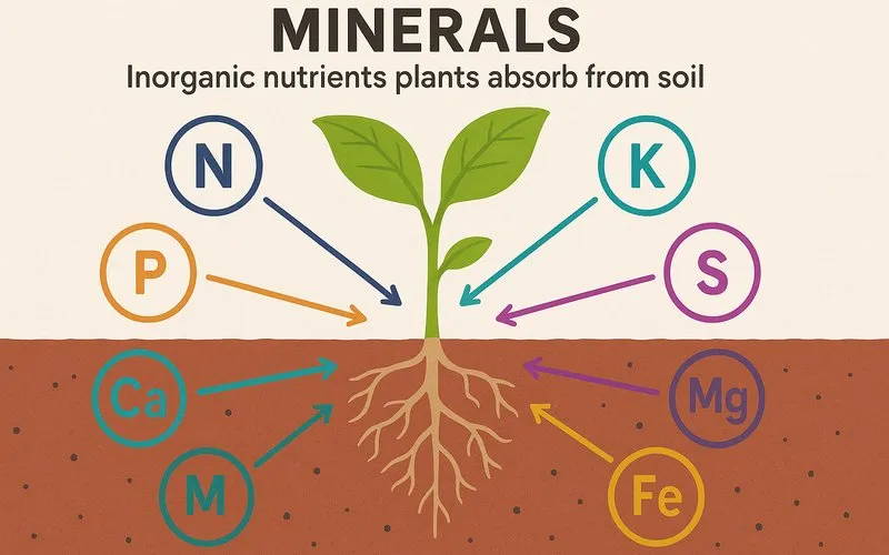 Minerals: Inorganic nutrients plants absorb from soil