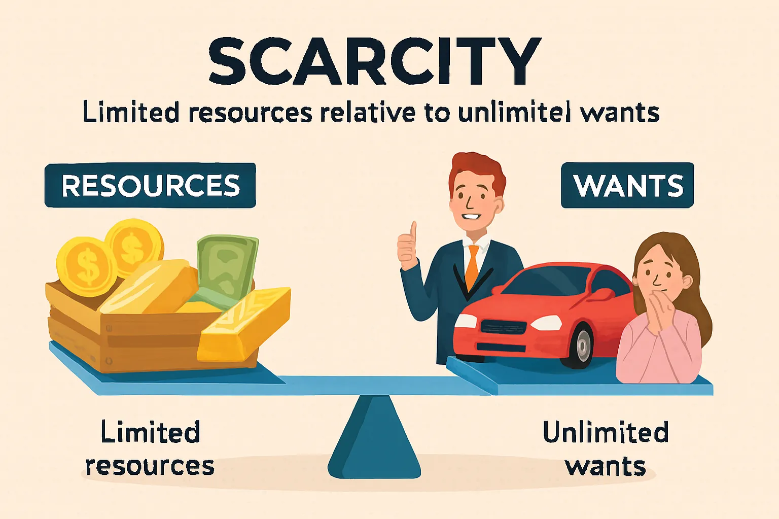 Scarcity: limited resources relative to unlimited wants