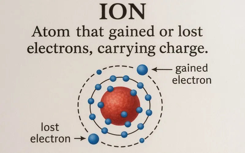 Ion: Atom that gained or lost electrons, carrying charge