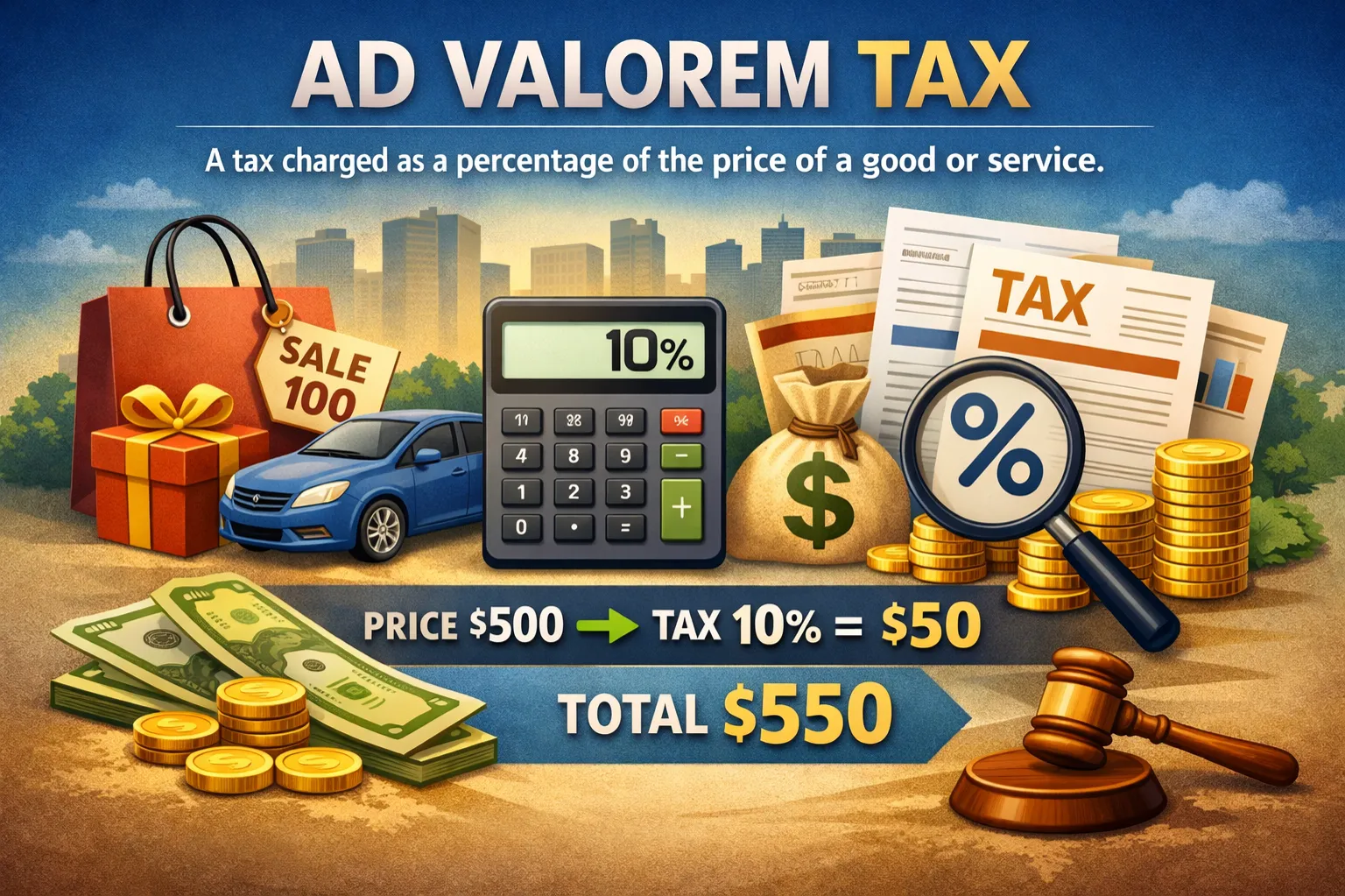 Ad valorem tax: A tax charged as a percentage of the price of a good or service.
