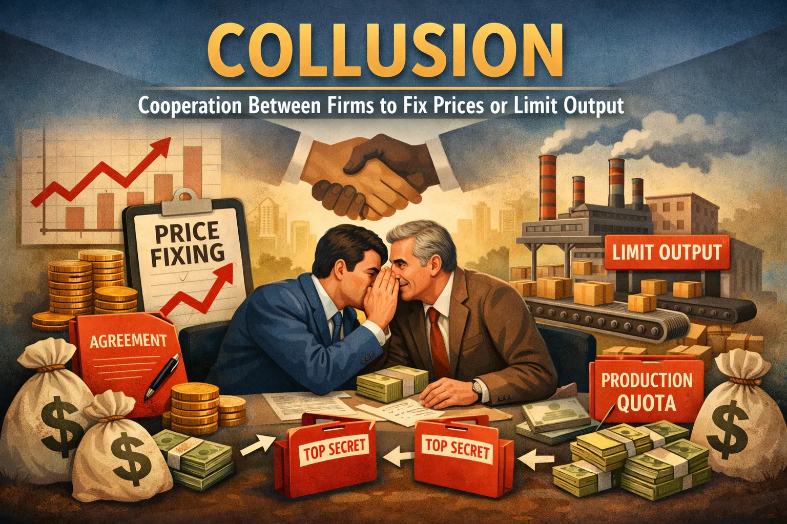 Collusion: Cooperation between firms to fix prices or limit output.