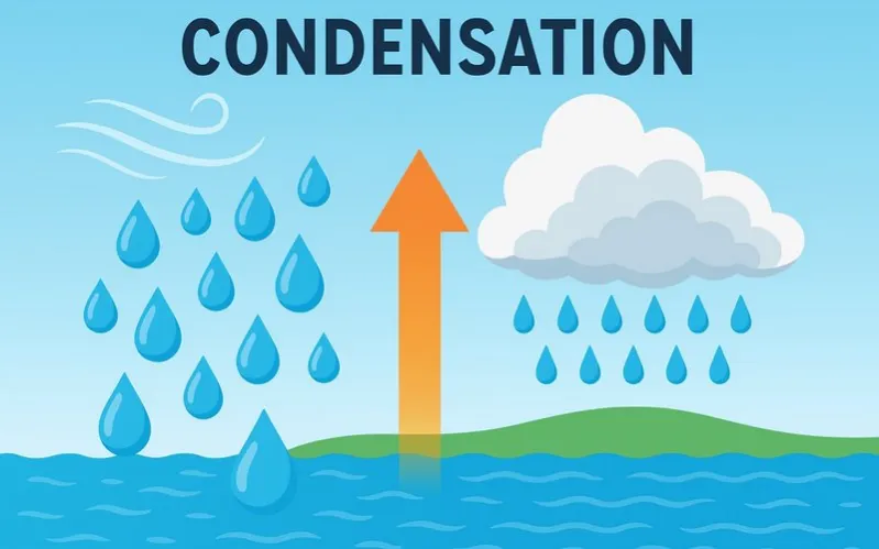 Condensation: Change of state from gas to liquid
