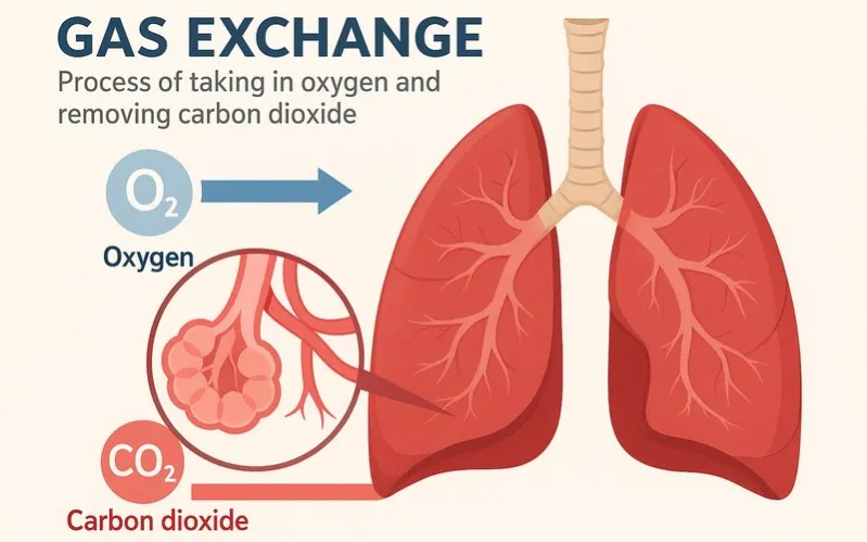 Gas exchange: Process of taking in oxygen and removing carbon dioxide