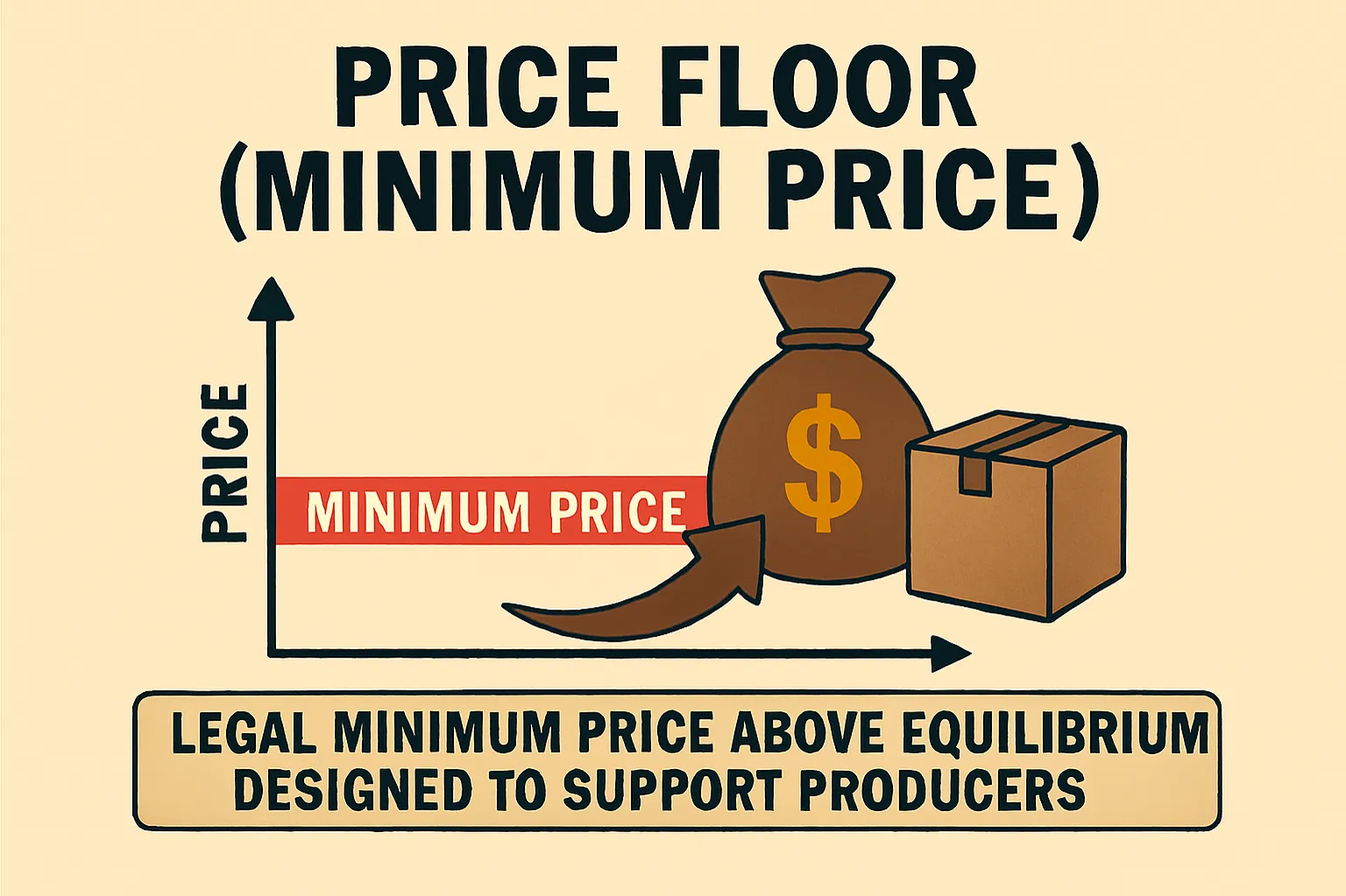Price floor (minimum price): legal minimum price above equilibrium designed to support producers