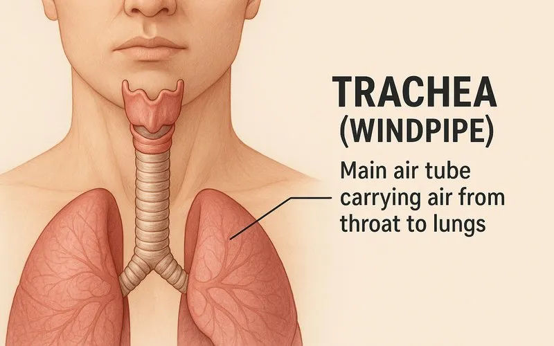 Trachea (Windpipe): Main air tube carrying air from throat to lungs