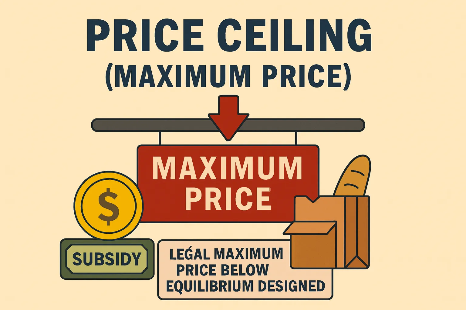 Price ceiling (maximum price): legal maximum price below equilibrium designed to make goods affordable