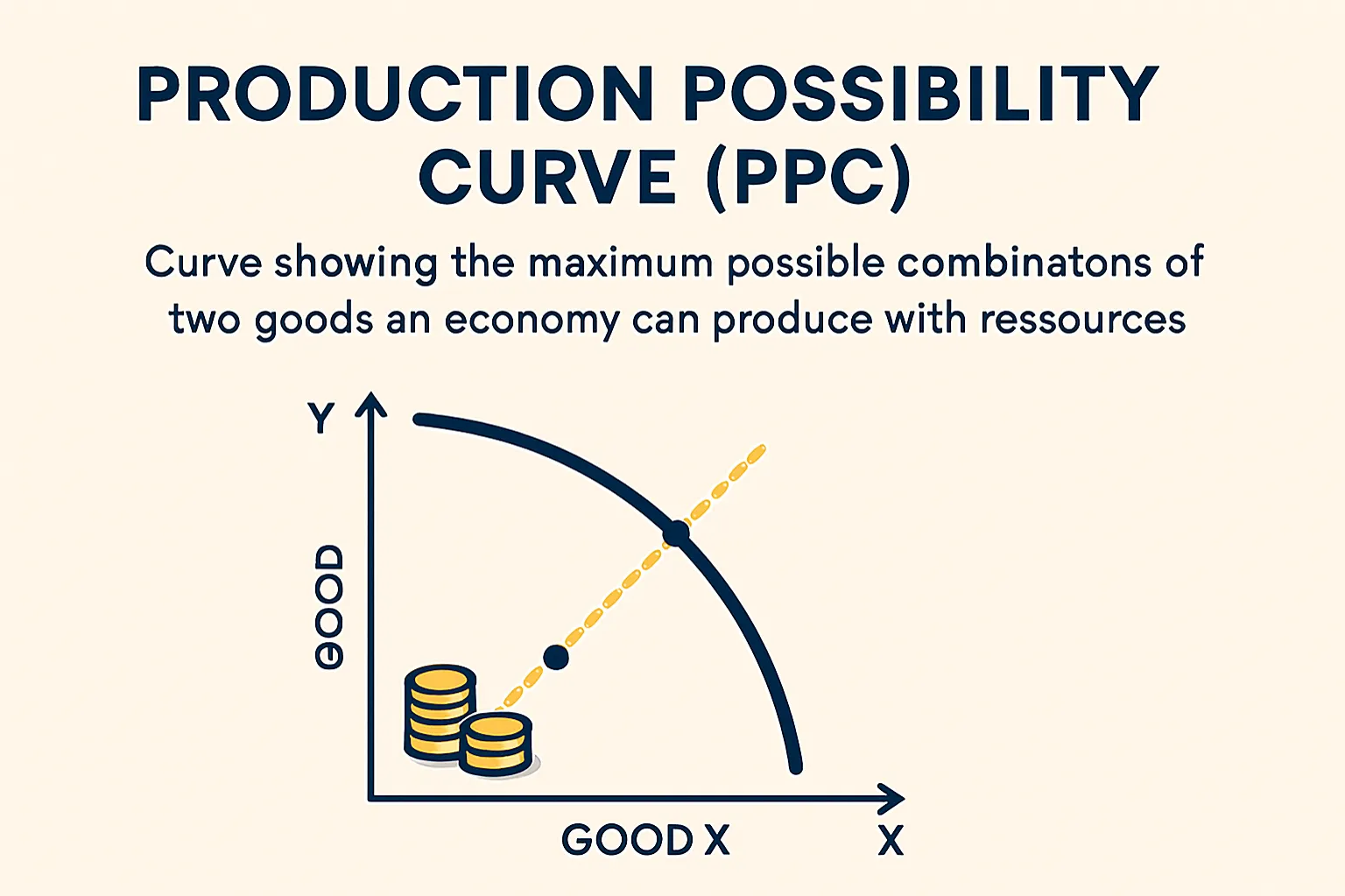 Production possibility curve (PPC): curve showing the maximum possible combinations of two goods an economy can produce with given resources