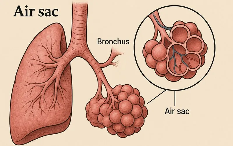 Air sac: Small cavity in lung for holding air