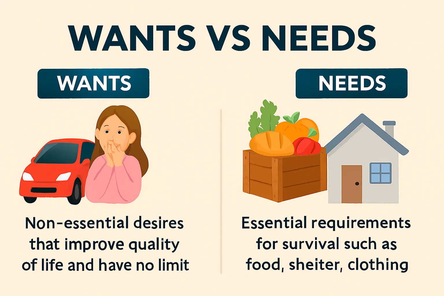 Wants: non-essential desires that improve quality of life and have no limit