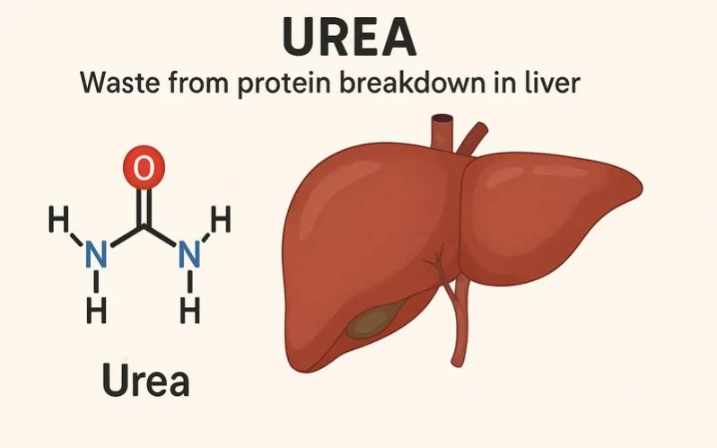 Urea: Waste from protein breakdown in liver