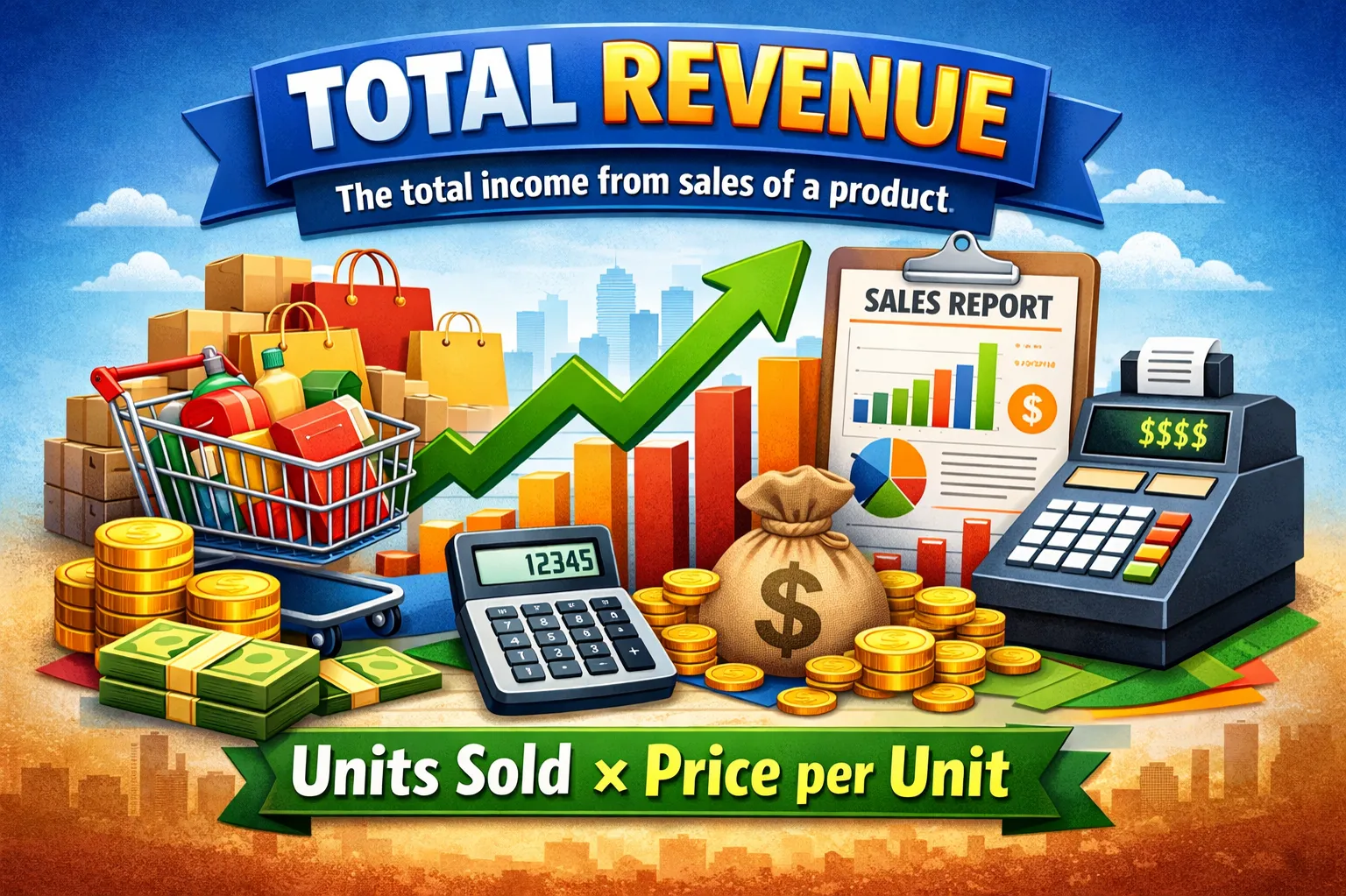 Total revenue: The total income from sales of a product.