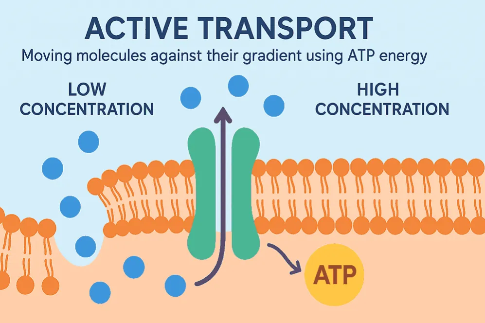 Active transport: Moving molecules against their gradient using ATP energy.