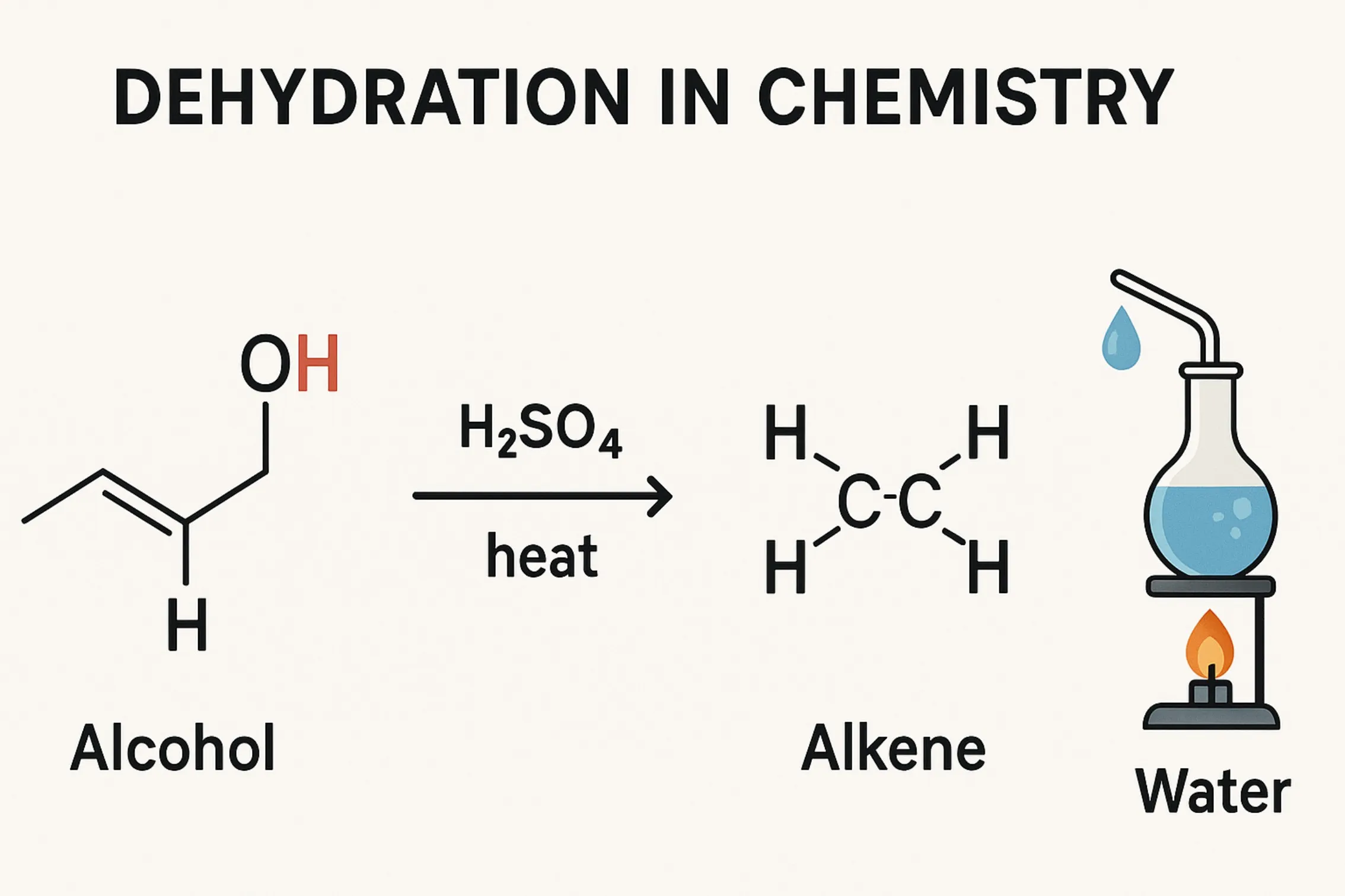 Dehydration: An elimination reaction where a water molecule is removed from a molecule