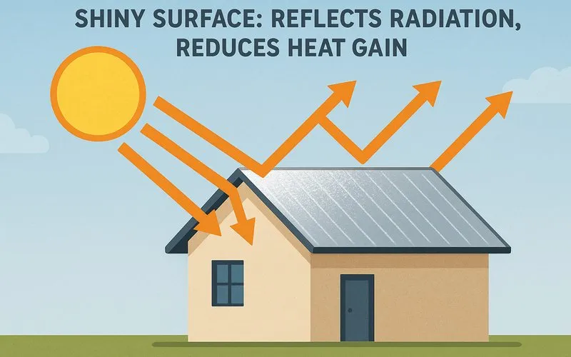 Shiny surface: Reflects radiation, reduces heat gain