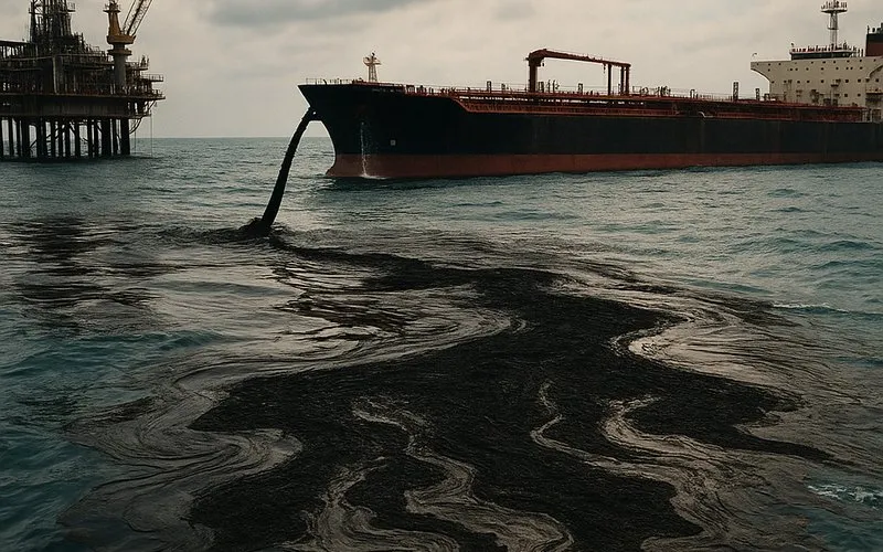 Oil spill: Leakage of oil into sea, harming environment