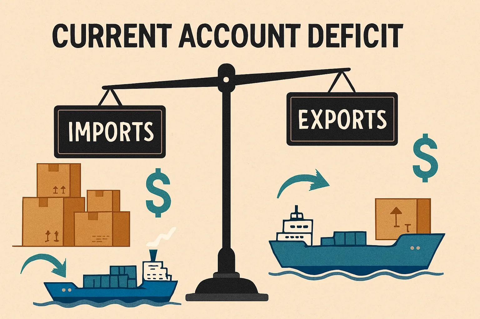 Current account deficit: A situation where imports and outflows exceed exports and inflows.