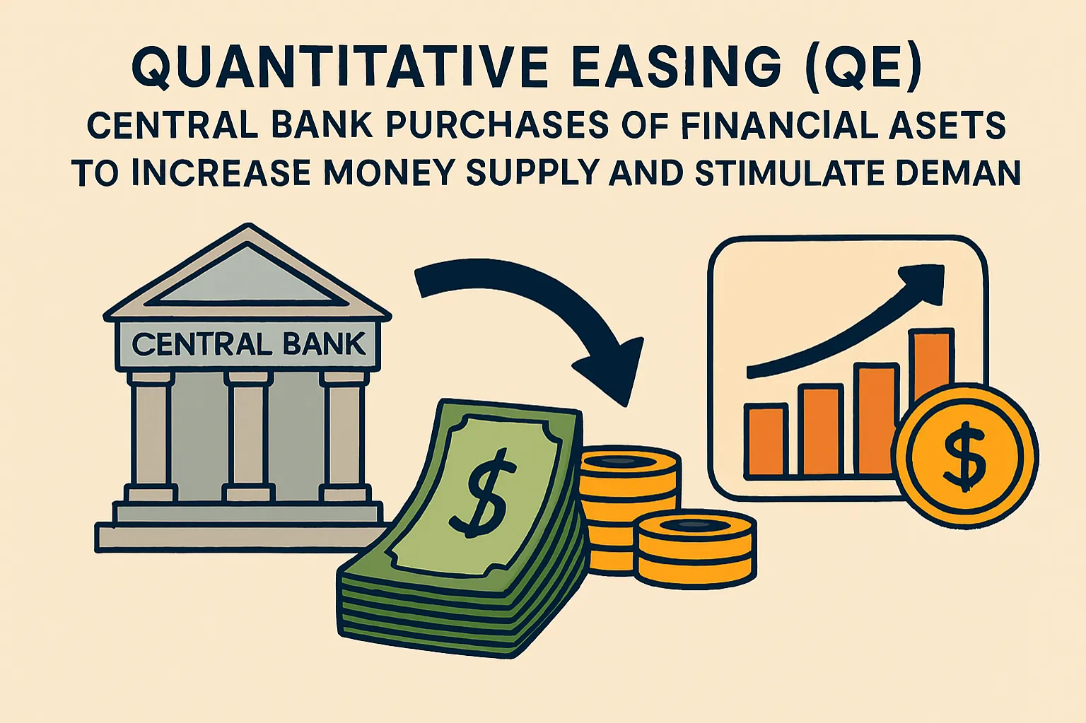 Quantitative easing (QE): Central bank purchases of financial assets to increase money supply and stimulate demand.