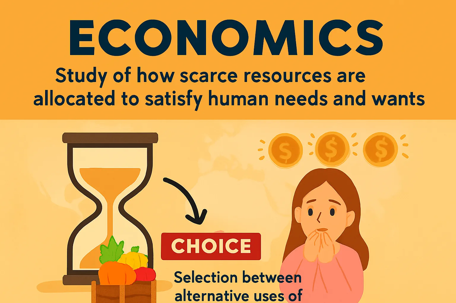 Economics: study of how scarce resources are allocated to satisfy human needs and wants