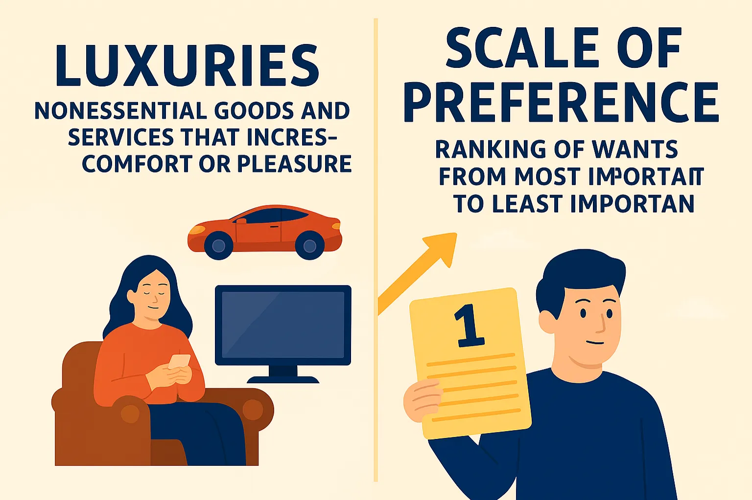 Luxuries: non-essential goods and services that increase comfort or pleasure