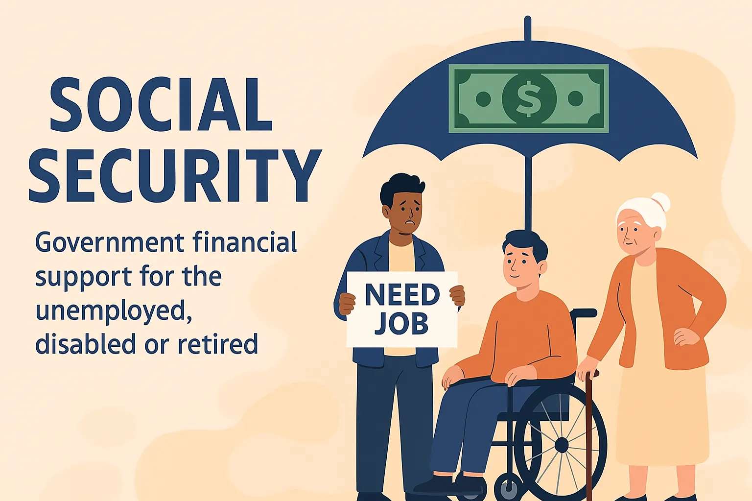 Social security: government financial support for the unemployed, disabled or retired