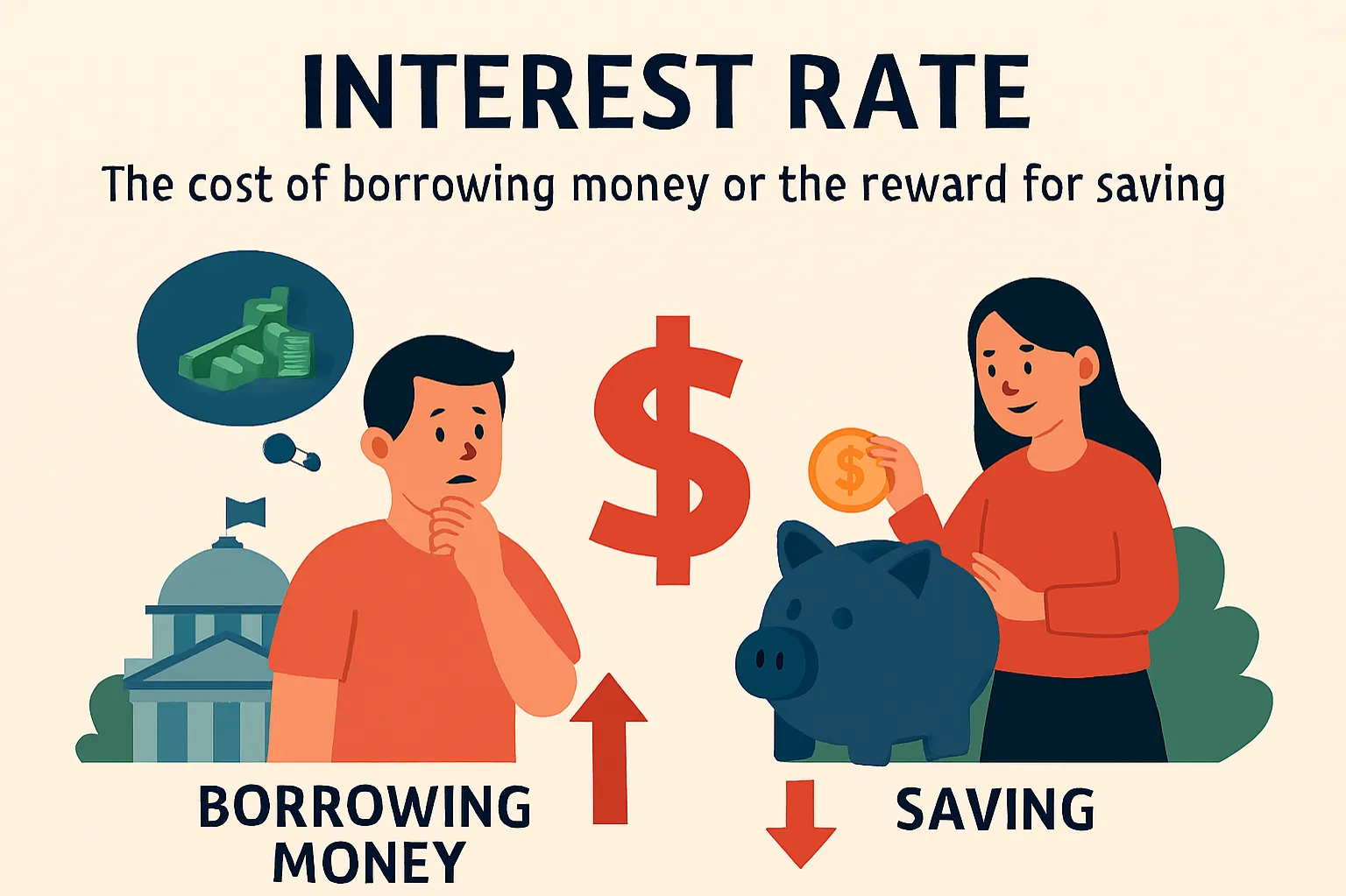 Interest rate: The cost of borrowing money or the reward for saving.