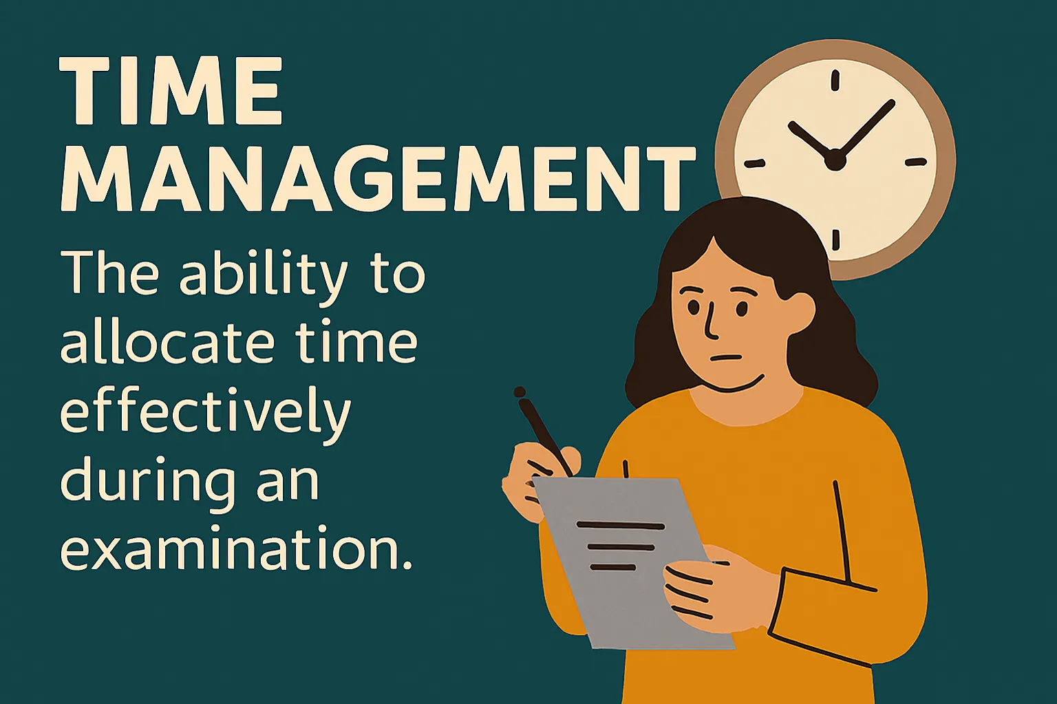 Time management: The ability to allocate time effectively during an examination.