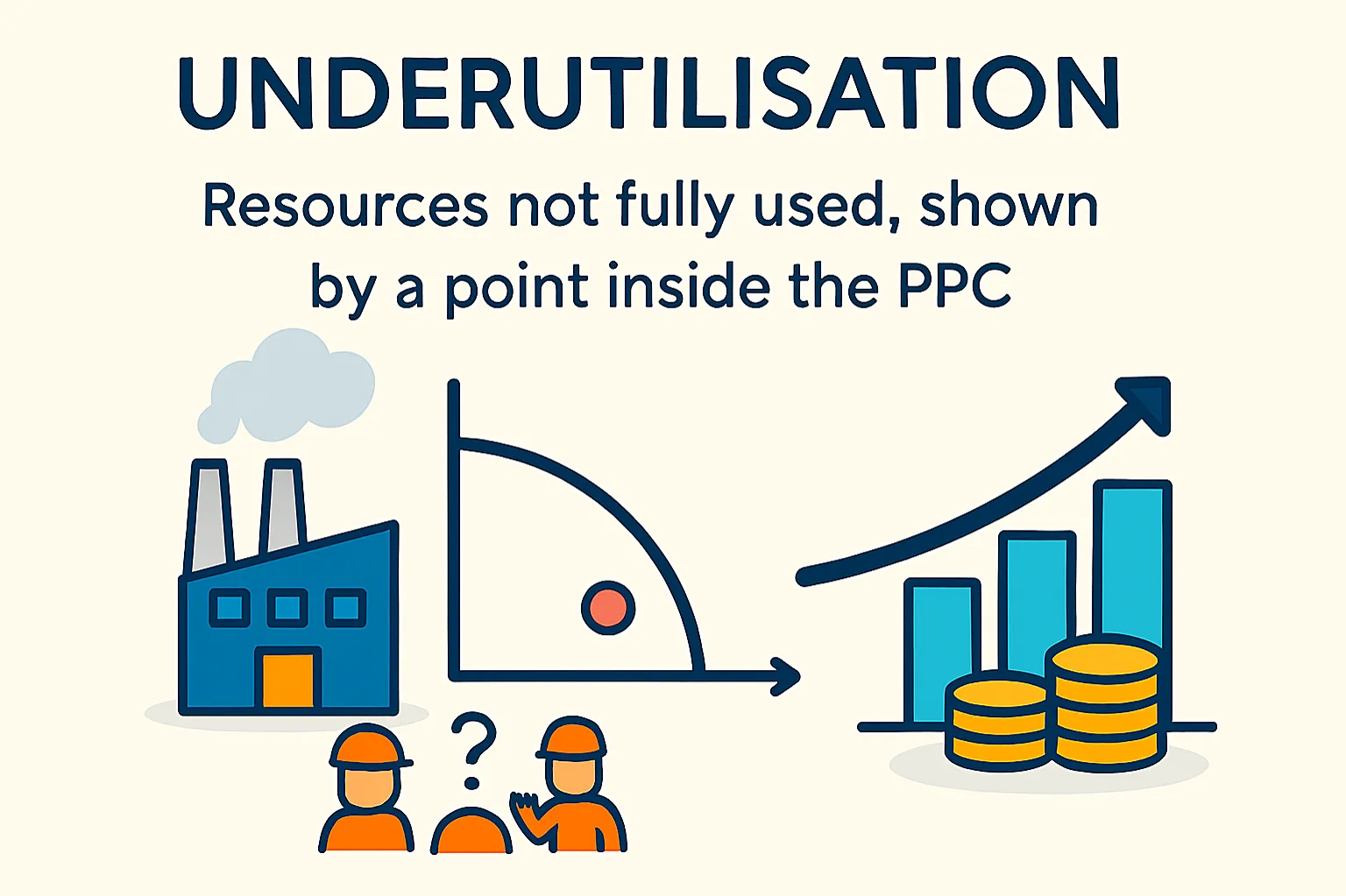 Underutilisation: resources not fully used, shown by a point inside the PPC