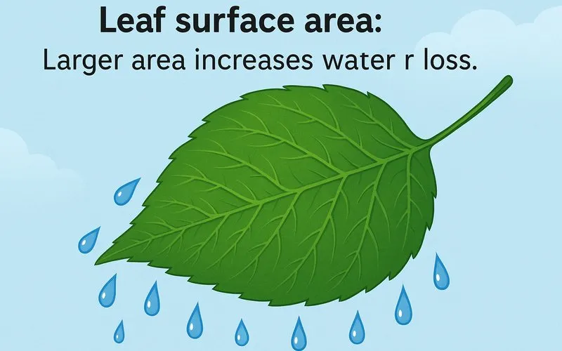 Leaf surface area: Larger area increases water loss