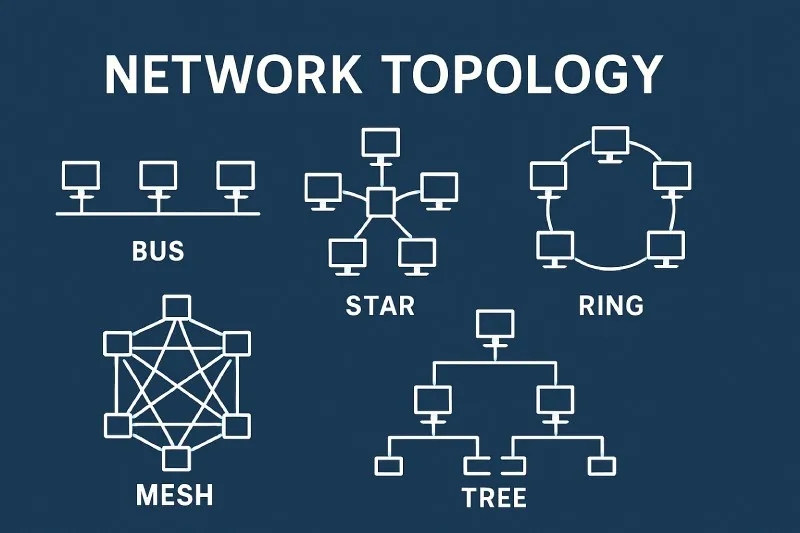 Network Topology: The arrangement of nodes and connections in a network (e.g., bus, star, mesh, hybrid)